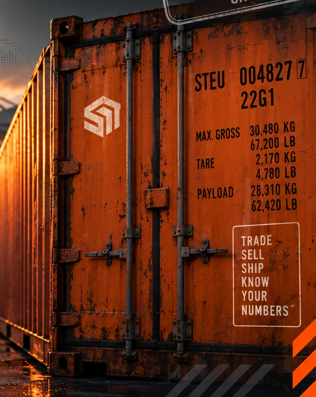 ShipTally orange freight container artwork at a port